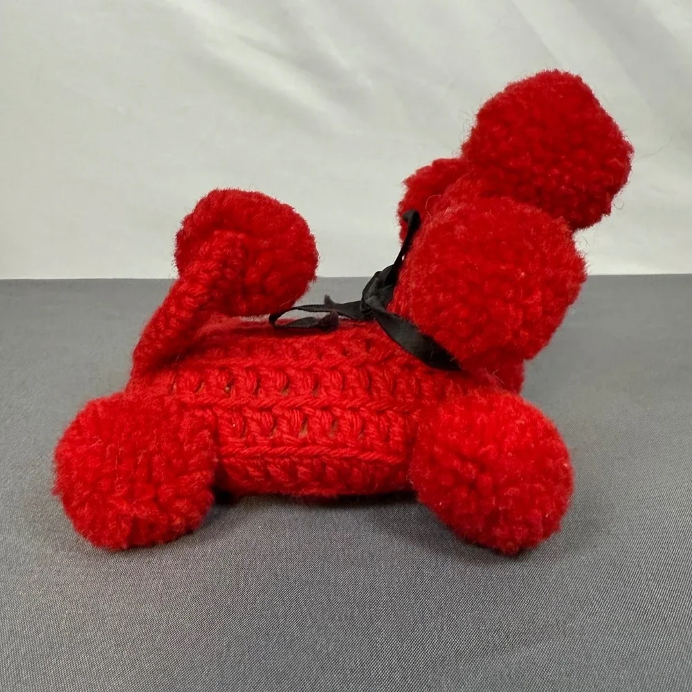 Red Crocheted Poodle Dog Pom Pom Ears Collar Bow Soap Holder Home Decor Handmade